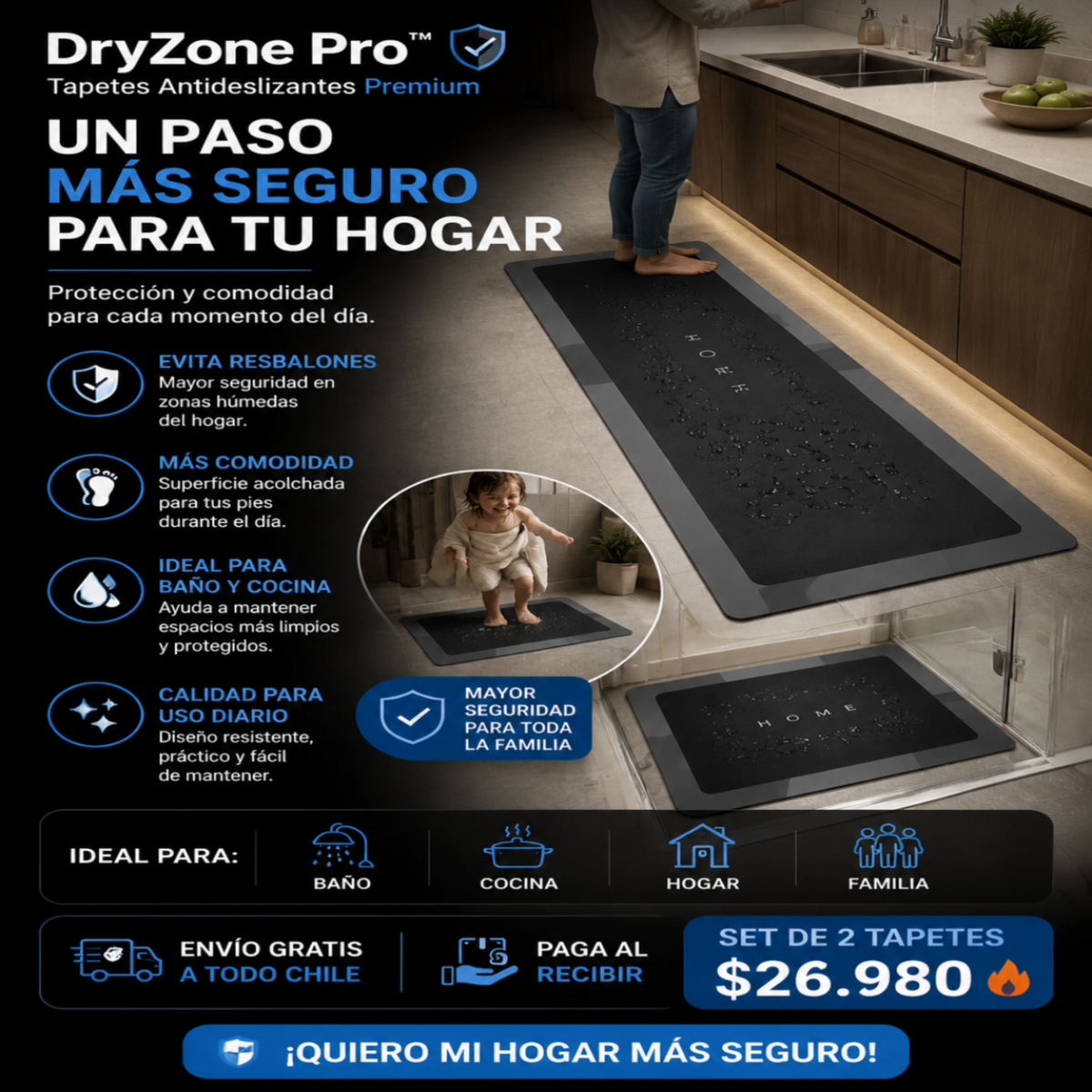 "DRYZONE PRO" SET DE DOS TAPETES DE BAÑO Y DE COCINA ANTIDESLIZANTE