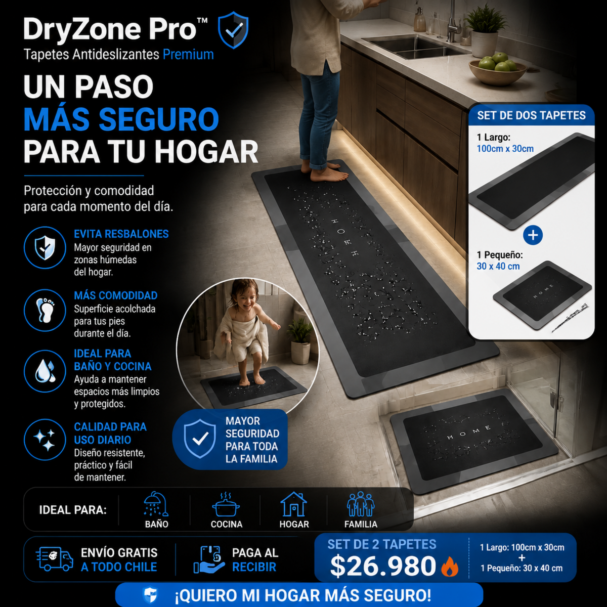 "DRYZONE PRO" SET DE DOS TAPETES DE BAÑO Y DE COCINA  ANTIDESLIZANTE